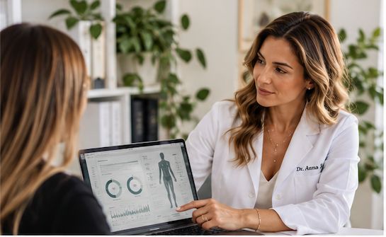 Dr Anna Haoula discussing health results with a client