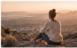 Woman sitting outdoors overlooking a sunlit landscape