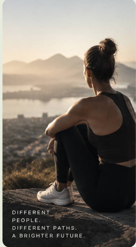 Woman overlooking mountains: different people, different paths, a brighter future